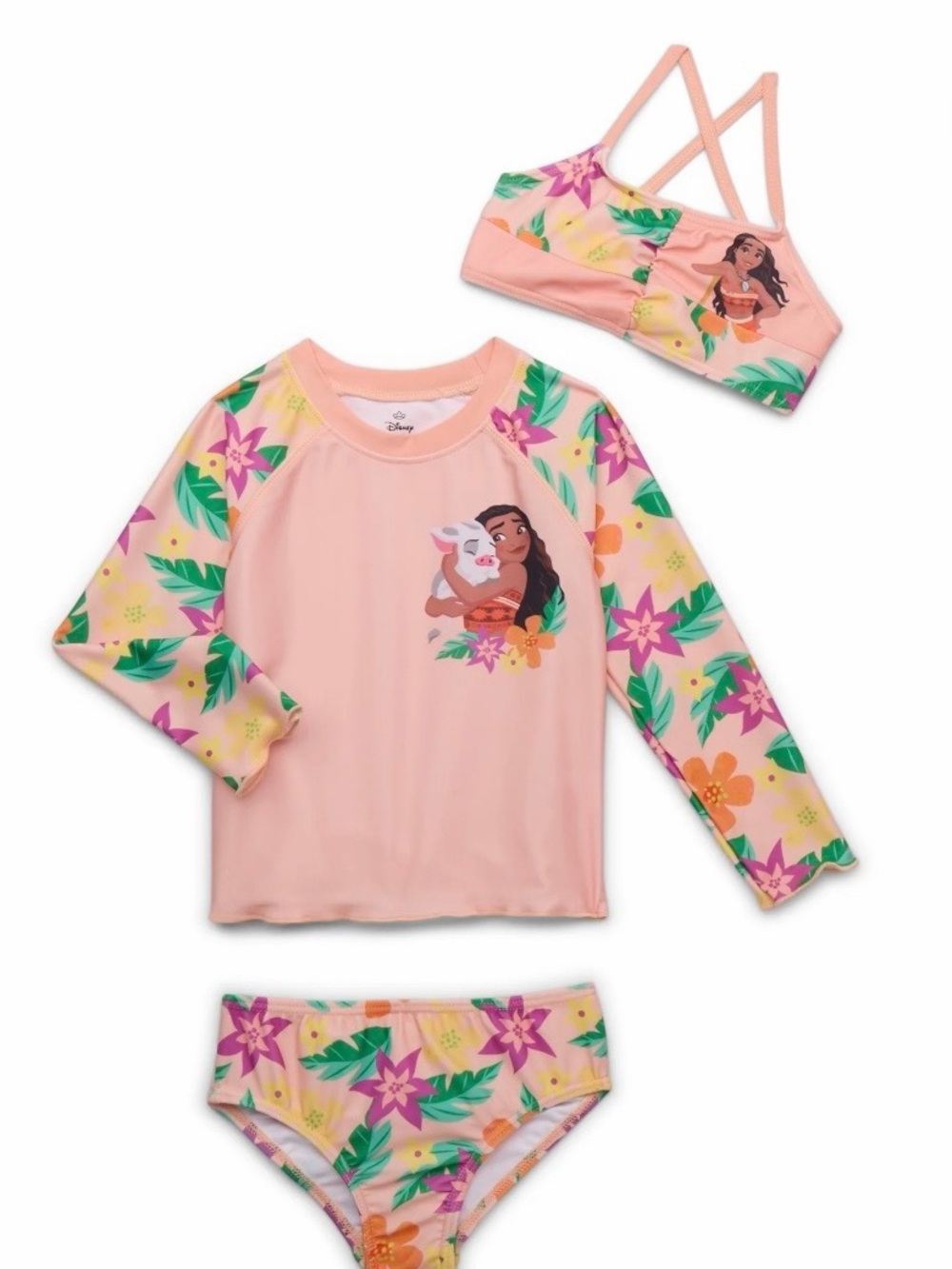 Disney Peach & Floral Moana Long-Sleeve Rashguard Bikini Set